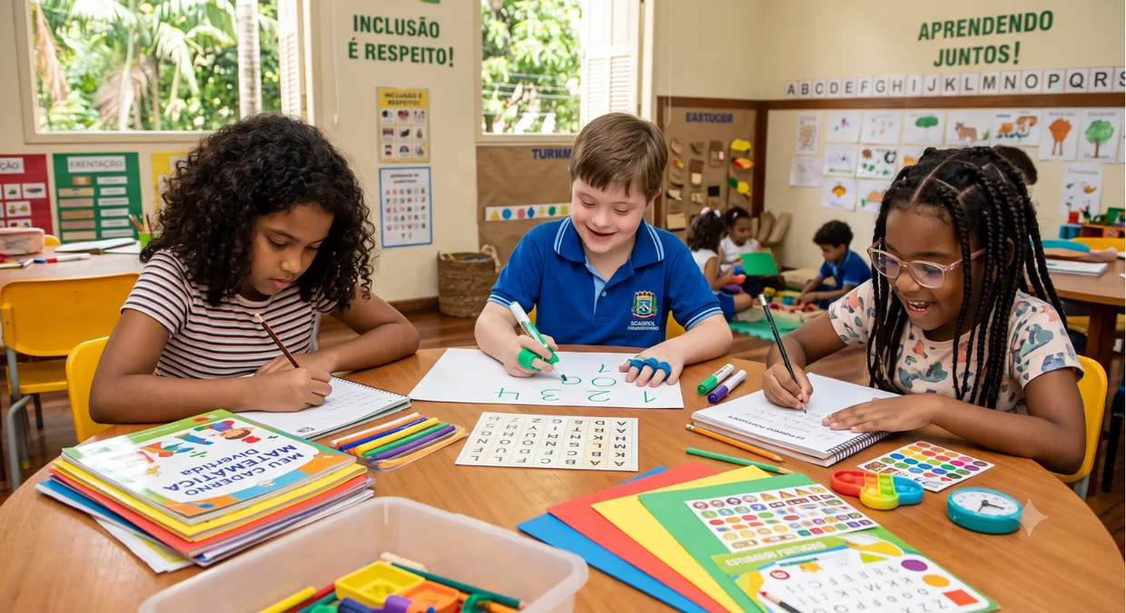 Três crianças fazendo atividades adaptadas em sala de aula, sob cartazes escritos Inclusão é respeito e Aprendendo juntos
