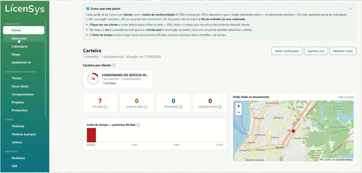 Painel da LicenSys: carteira de clientes, índice de conformidade, mapa e linha do tempo